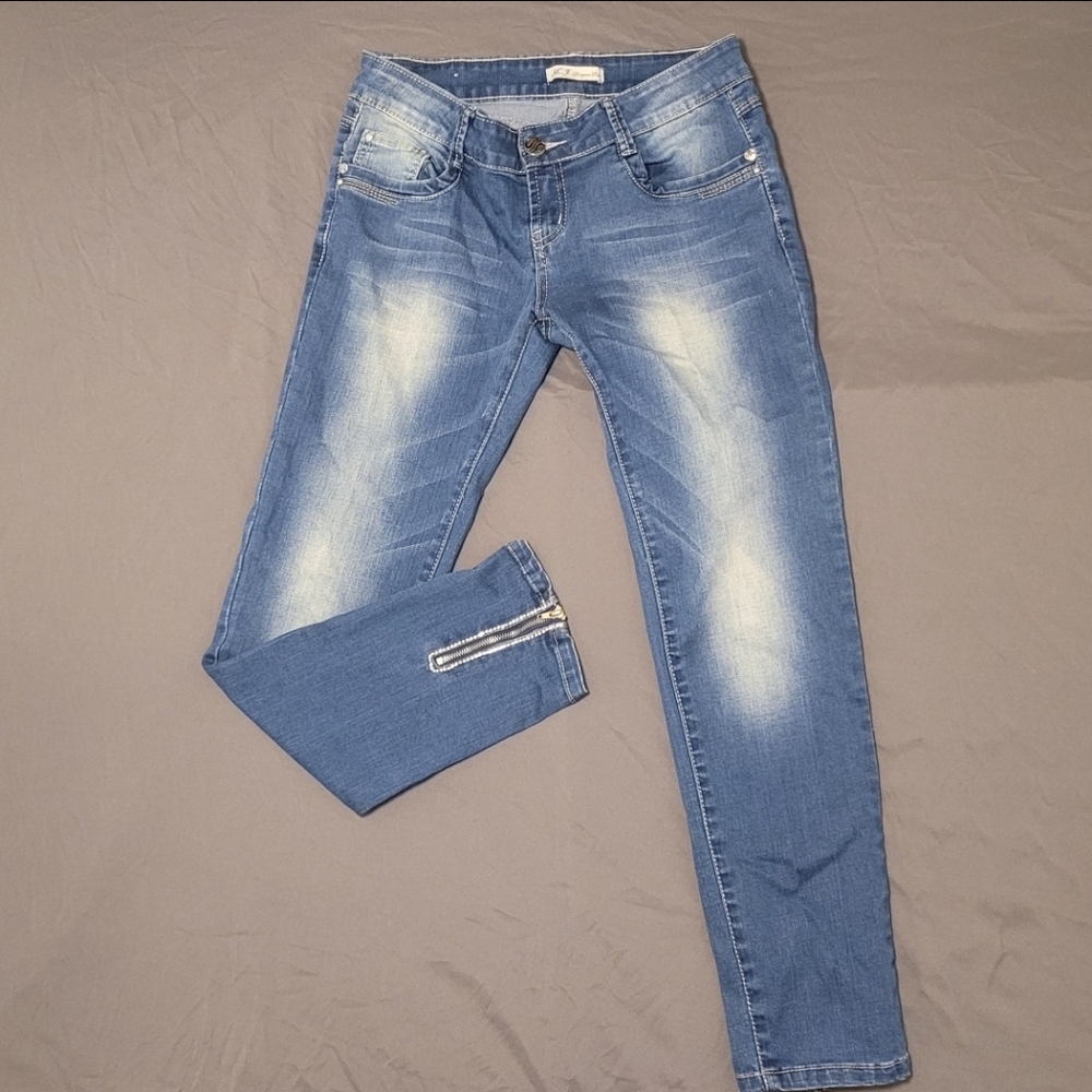 M.J. Designer Paris | Blue Jean Capris With Rhinestone and Zipper Accents